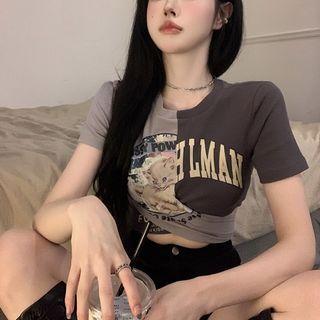 Patchwork Tie-hem Wrapper Crop T-shirt Dark Gray - One Size