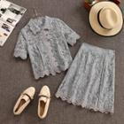Set: Short-sleeve Lace Shirt + A-line Skirt