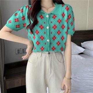Puff-sleeve Argyle Knit Top As Shown In Figure - One Size
