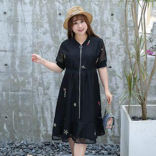 Short-sleeve Zip Front Embroidered A-line Dress