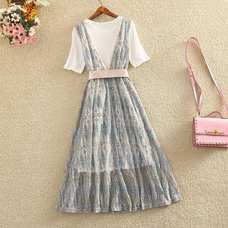 Set: Crew-neck Short-sleeve T-shirt Dress + Lace Sleeveless A-line Dress