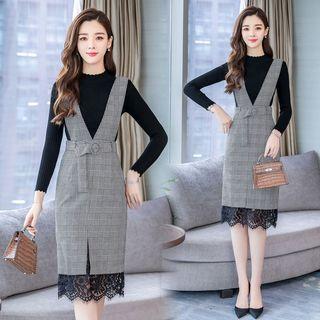 Set: Long-sleeve Mock Neck Knit Top + Lace-trim Plaid Midi Pinafore Dress