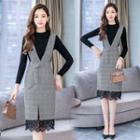 Set: Long-sleeve Mock Neck Knit Top + Lace-trim Plaid Midi Pinafore Dress