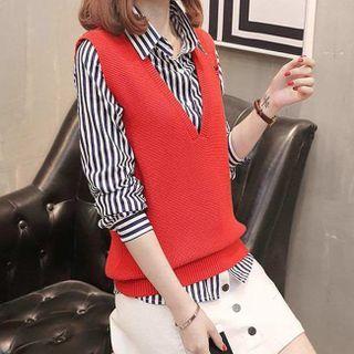 Long-sleeve Mock Two-piece Striped Shirt Vest Knit Sweater