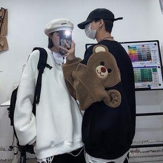 Cartoon Bear Panel Sleeve Round Neck Pullover