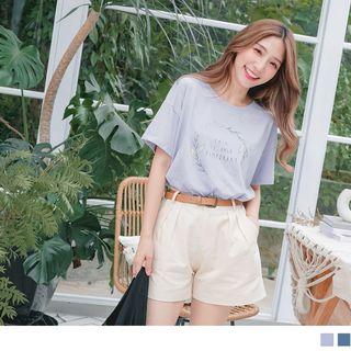 Lettering Leaves Printing Short-sleeve T-shirt
