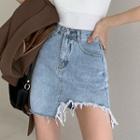 Asymmetrical Frayed Mini Denim Skirt