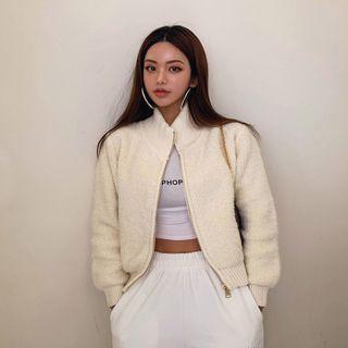 High-neck Wool Blend Zip-up Cardigan