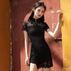 Set: Short-sleeve Lace Qipao + Shorts