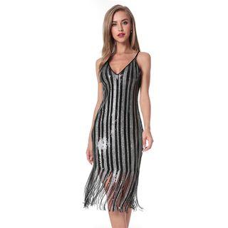 Sequined Striped Spaghetti-strap Midi Sheath Dress