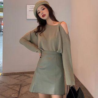 Cold Shoulder Long-sleeve T-shirt / Faux-leather A-line Skirt