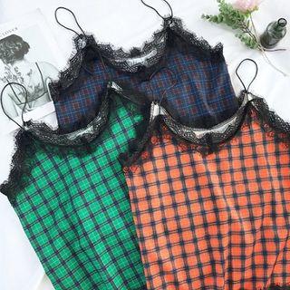 Lace Lace Trim Panel Check Halter Tank