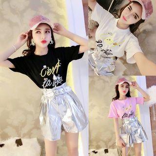 Set: Embroidered Short-sleeve T-shirt + High-waist Wide-leg Shorts