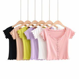 Short-sleeve Button-up Frill Trim Crop Top