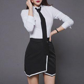 Set: Mock Neck Tie Blouse + Contrast Trim Pencil Skirt