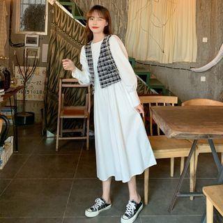 Puff-sleeve Midi A-line Dress / Plaid Double-breasted Vest