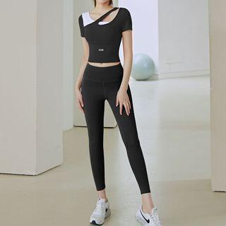 Mock Two-piece Short-sleeve Lettering Crop Sports T-shirt / Biker Shorts / Yoga Pants / Set