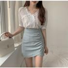 Plain Mini Skirt / Short-sleeve Plain T-shirt / V-neck Lace Shirt