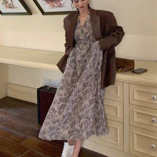 Balloon-sleeve Floral Print Midi A-line Dress / Blazer