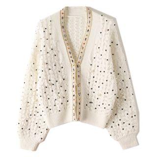 V-neck Faux Pearl & Beaded Cardigan