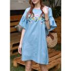 Flower-embroidered Bell-sleeve Denim Dress Blue - One Size