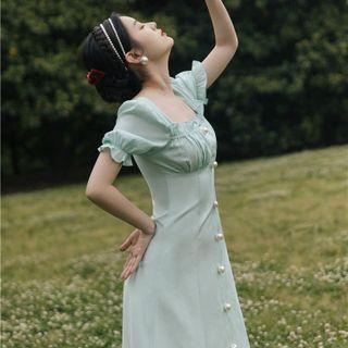 Puff-sleeve Square-neck Pearl Dress