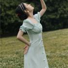 Puff-sleeve Square-neck Pearl Dress