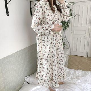 Bell-sleeve Floral Print Sleep Dress Almond - One Size