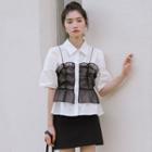 Mock Two-piece Elbow-sleeve Mesh Panel Shirt