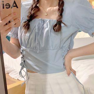 Short-sleeve Drawstring Blouse Grayish Blue - One Size