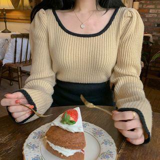Contrast Trim Long-sleeve Knit Cropped Top