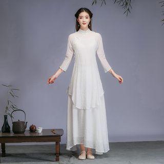 Set: Long-sleeve Mandarin Collar Top + Wide-leg Pants