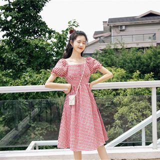 Square Neckline Plaid Puff-sleeve Dress