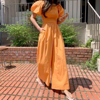 Puff-sleeve Smocked Wide Jumpsuit