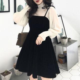 Set: Turtleneck Mesh Blouse + Spaghetti Strap Mini A-line Dress As Shown In Figure - One Size