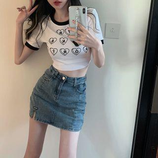 Short-sleeve Heart Print Cropped Top / Denim Mini Skirt