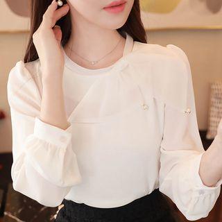Beribboned Faux-pearl Trim Chiffon Blouse