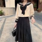 Sailor Collar Tie Neck Cropped Top / High-waist Pleated Skirt