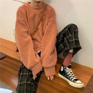 Faux Shearling Sweatshirt / Plaid Wide-leg Pants