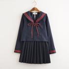Long-sleeve Sailor Shirt / Pleated Skirt / Set: Long-sleeve Sailor Shirt + Pleated Plaid Skirt