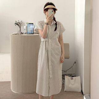 Short Sleeve Pinstripe Shirt Dress With Sash Off-white - One Size