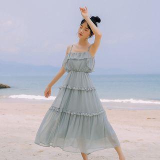Spaghetti Strap Frill Trim Chiffon A-line Midi Dress