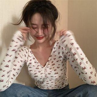 Floral Print V-neck Long-sleeve Top