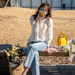 Eyelet-lace Yoke Shirred Blouse