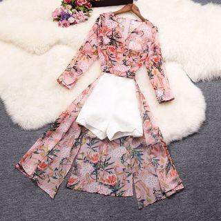 Set: Long-sleeve Floral Print Midi A-line Dress + Shorts