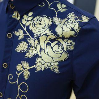 Rose Print Elbow-sleeve Shirt