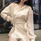 Set:plain Lace-up Long-sleeve Blouse + High-waist Shorts As Shown In Figure - One Size