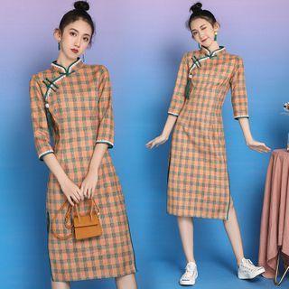 3/4-sleeve Plaid Midi A-line Qipao Dress
