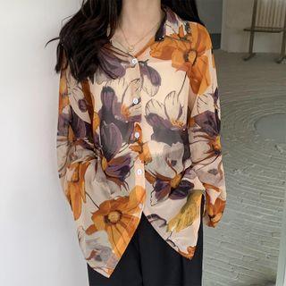 Long-sleeve Floral Print Chiffon Shirt Beige & Ash Purple & Yellow - One Size