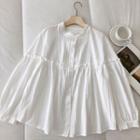 Long-sleeve Round Neck Ruffle-trim Blouse White - One Size